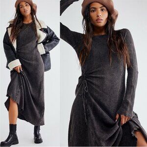 FREE PEOPLE ONE Natasha Waffle Thermal Ruched Long Sleeve Knit Maxi Dress Witchy